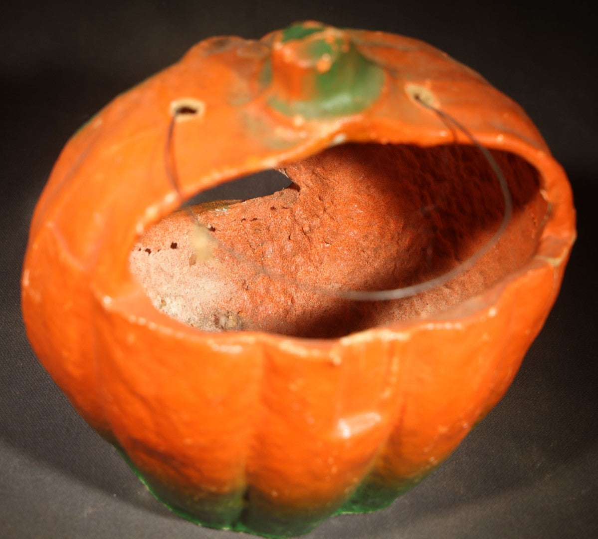 Vintage Papier-Mache / Paper Pulp Halloween Frowning Jack-O-Lantern Pumpkin Lantern with Wire Bail Handle, Missing Paper Insert