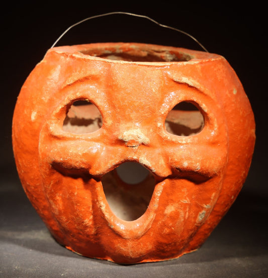 Vintage Papier-Mache / Paper Pulp Halloween Double-Sided Choir Boy Jack-O-Lantern Pumpkin Lantern with Wire Bail Handle, Missing Original Paper Inserts