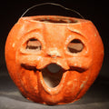 Lot 057 - Vintage Papier-Mache / Paper Pulp Halloween Double-Sided Choir Boy Jack-O-Lantern Pumpkin Lantern with Wire Bail Handle, Missing Original Paper Inserts, 5-1/2" H
