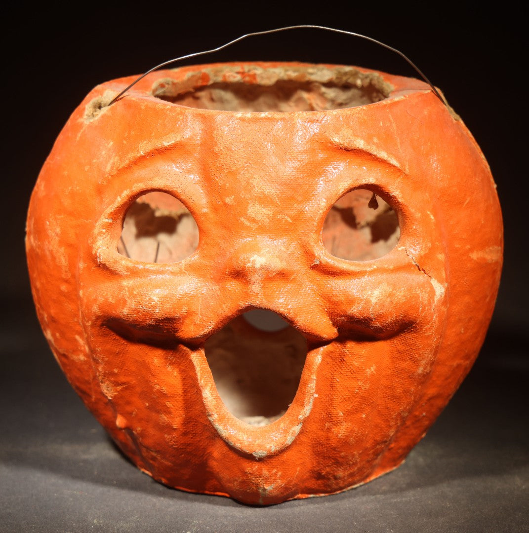 Vintage Papier-Mache / Paper Pulp Halloween Double-Sided Choir Boy Jack-O-Lantern Pumpkin Lantern with Wire Bail Handle, Missing Original Paper Inserts