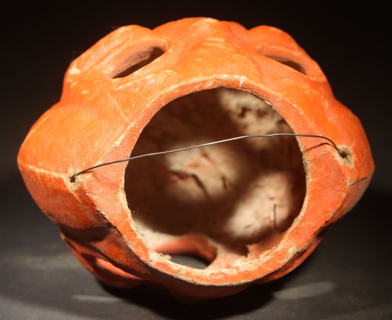 Vintage Papier-Mache / Paper Pulp Halloween Double-Sided Choir Boy Jack-O-Lantern Pumpkin Lantern with Wire Bail Handle, Missing Original Paper Inserts