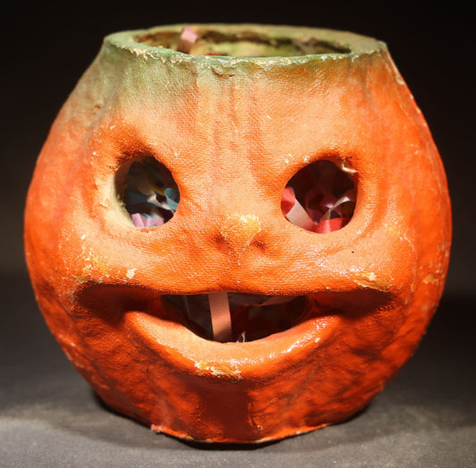 Vintage Papier-Mache / Paper Pulp Halloween Grinning Jack-O-Lantern Pumpkin Lantern with Later-Added Confetti, Missing Original Paper Insert