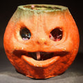 Lot 058 - Vintage Papier-Mache / Paper Pulp Halloween Grinning Jack-O-Lantern Pumpkin Lantern with Later-Added Confetti, Missing Original Paper Insert, 4-1/8" H