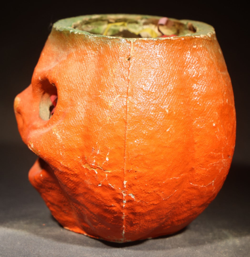 Vintage Papier-Mache / Paper Pulp Halloween Grinning Jack-O-Lantern Pumpkin Lantern with Later-Added Confetti, Missing Original Paper Insert