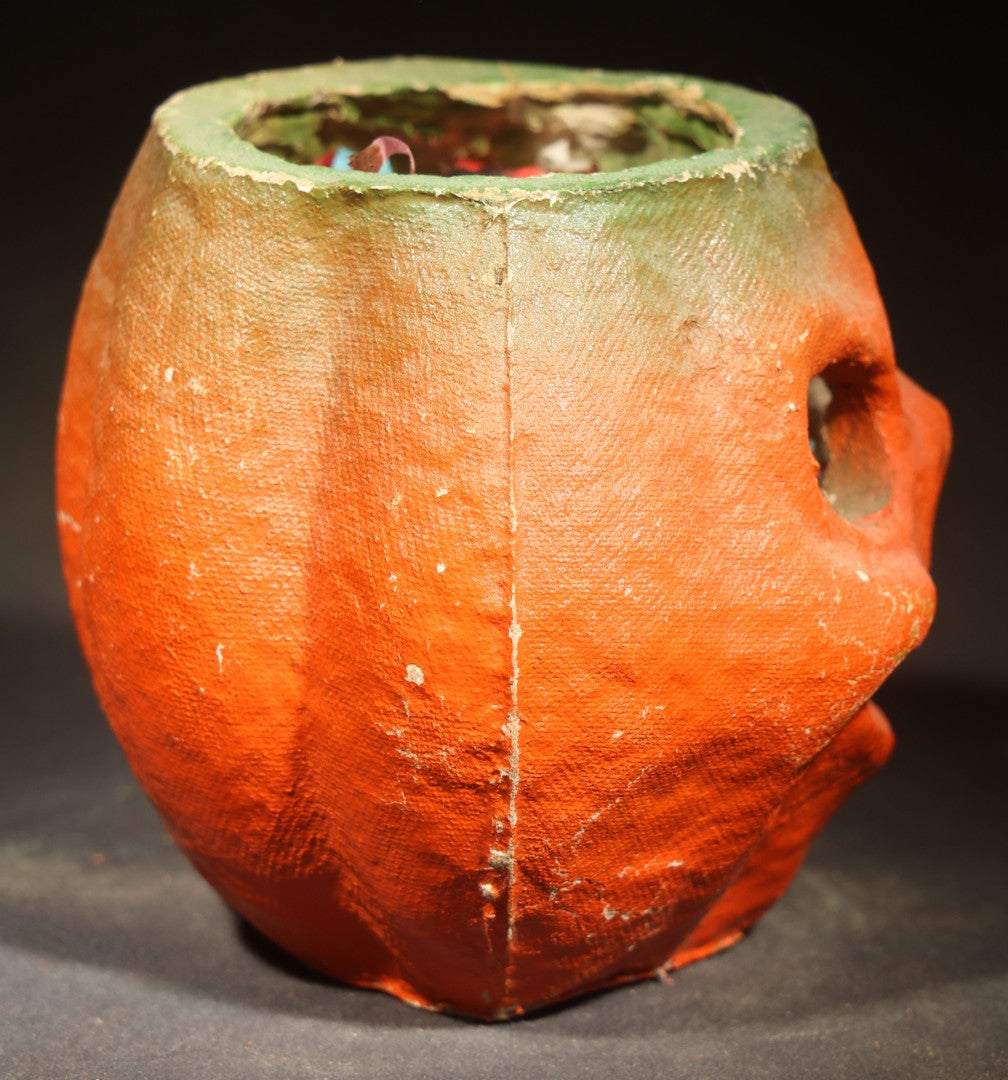 Vintage Papier-Mache / Paper Pulp Halloween Grinning Jack-O-Lantern Pumpkin Lantern with Later-Added Confetti, Missing Original Paper Insert