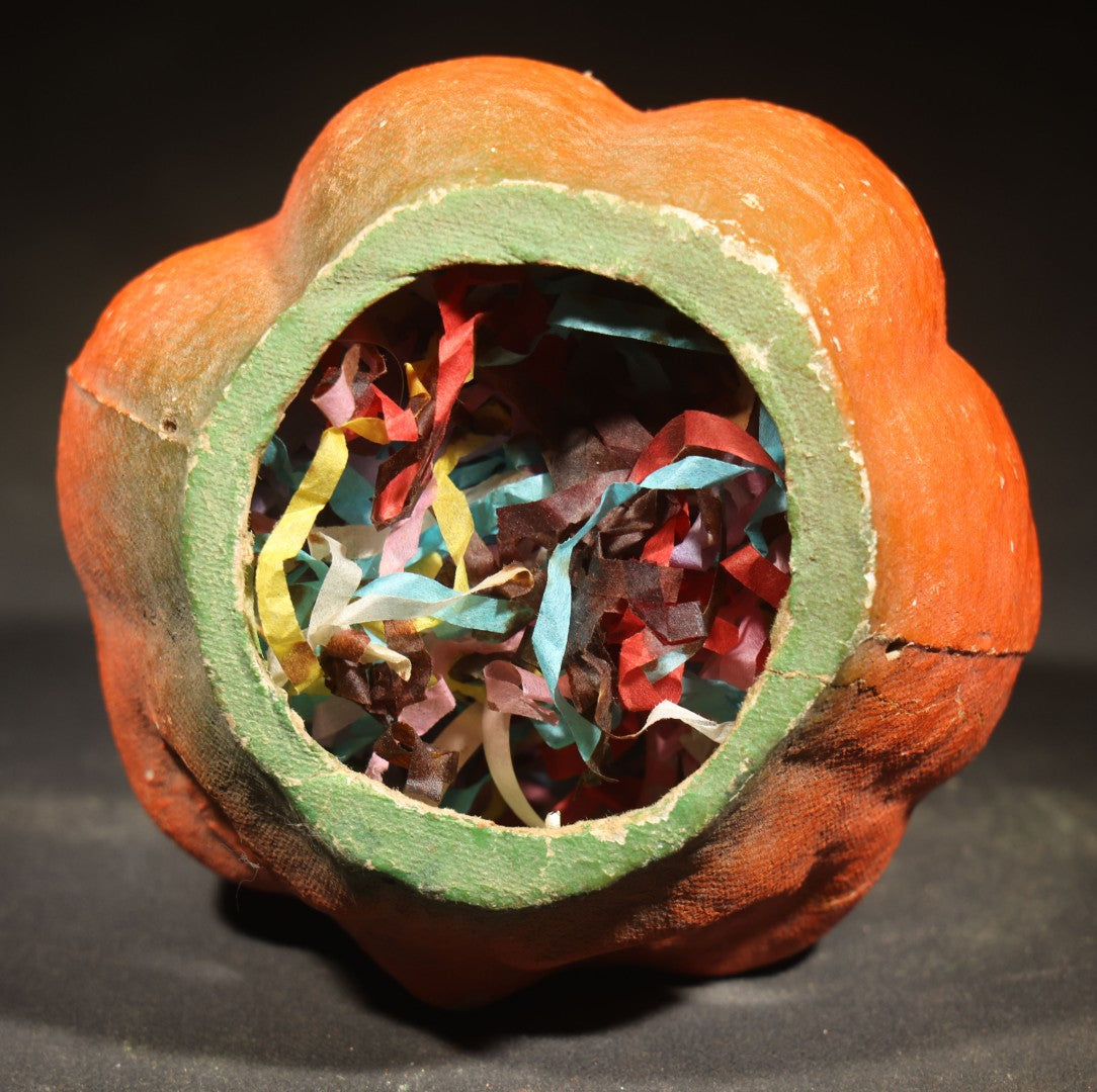 Vintage Papier-Mache / Paper Pulp Halloween Grinning Jack-O-Lantern Pumpkin Lantern with Later-Added Confetti, Missing Original Paper Insert