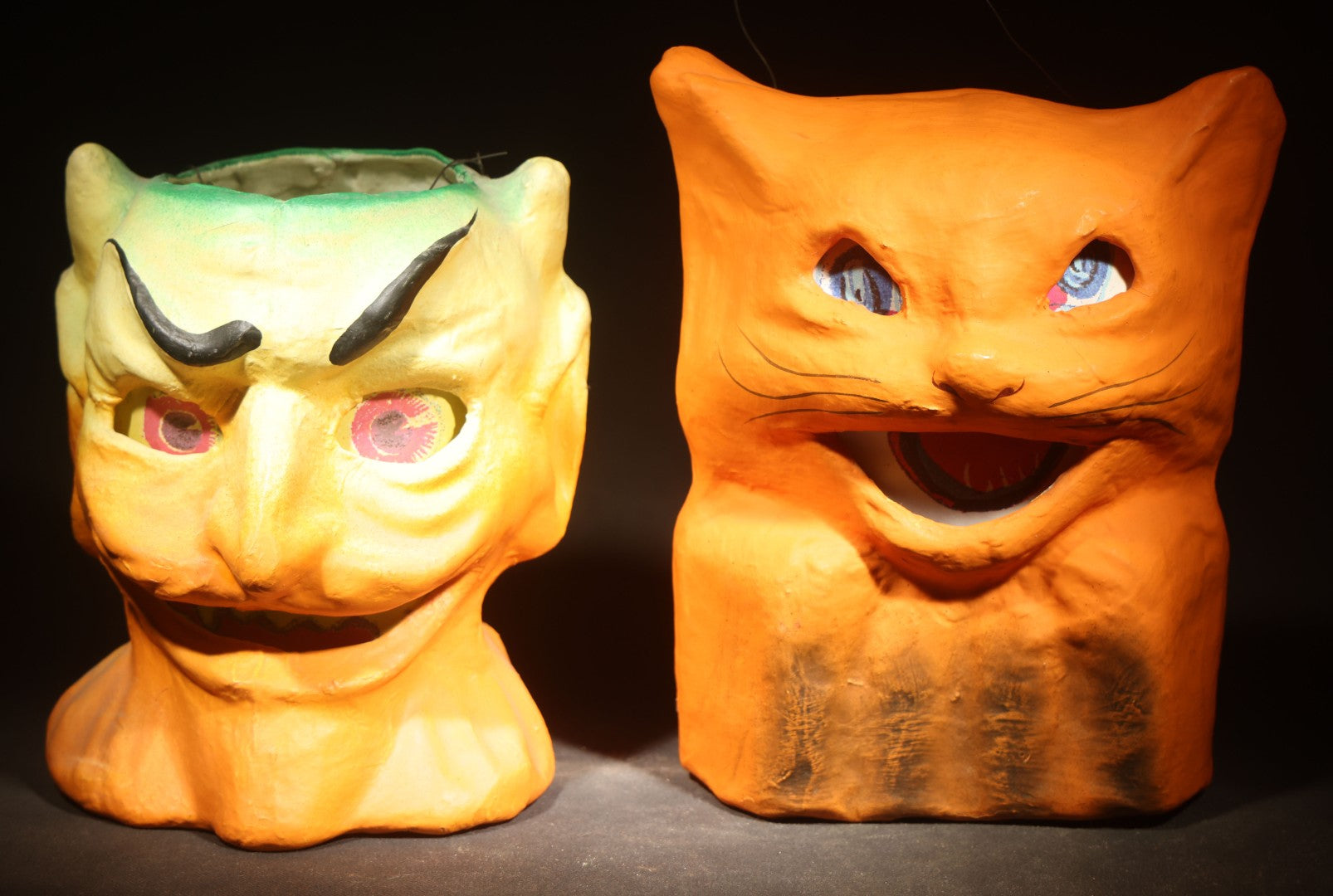 Pair of Modern Fantasy Reproduction Papier-Mache / Paper Pulp Halloween Lanterns including Devil Head and Cat Head