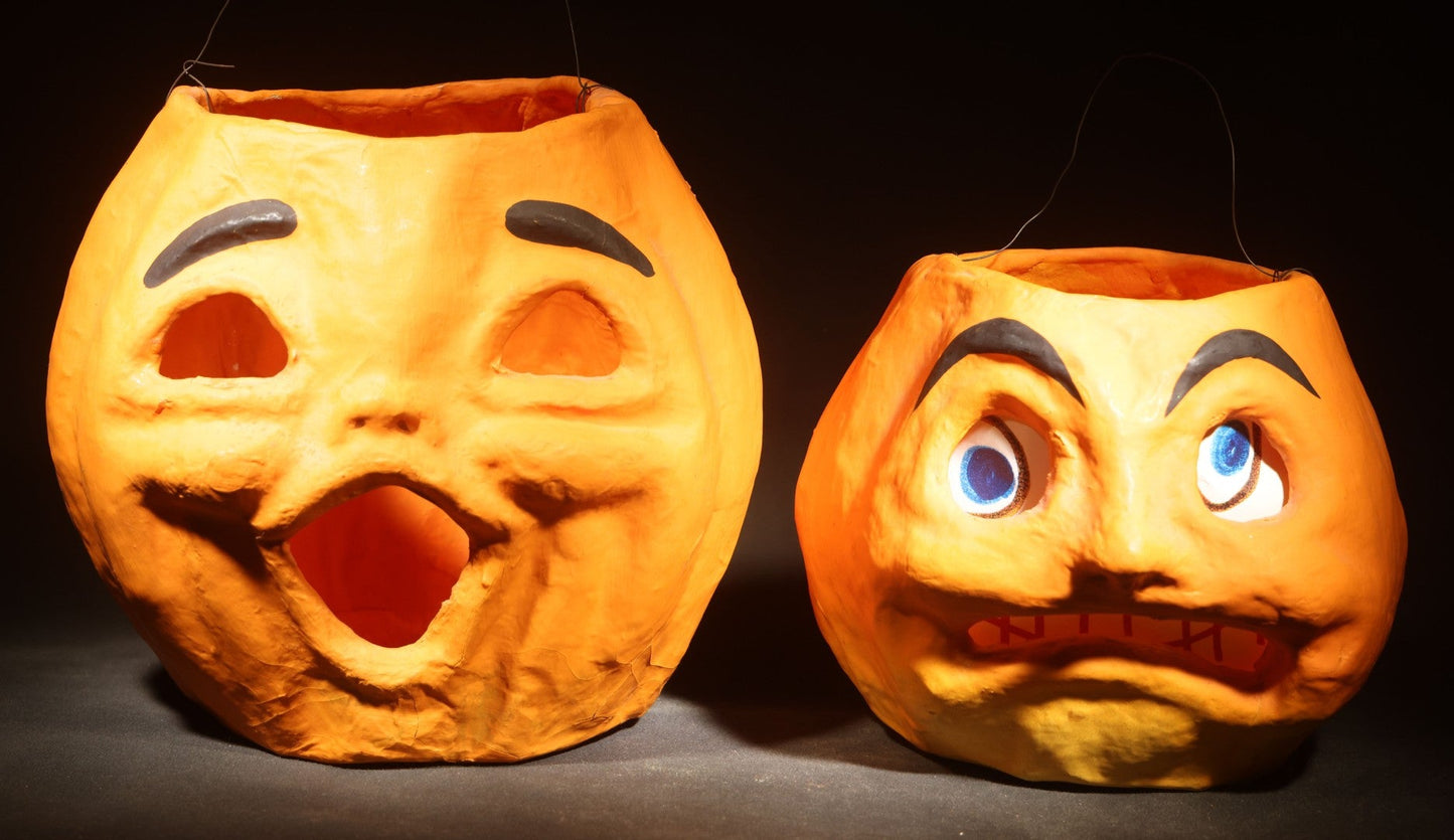 Pair of Modern Fantasy Reproduction Papier-Mache / Paper Pulp Halloween Jack-O-Lantern Pumpkin Lanterns with Wire Bail Handles