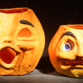 Lot 060 - Pair of Modern Fantasy Reproduction Papier-Mache / Paper Pulp Halloween Jack-O-Lantern Pumpkin Lanterns with Wire Bail Handles