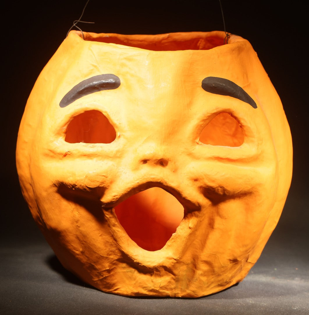Pair of Modern Fantasy Reproduction Papier-Mache / Paper Pulp Halloween Jack-O-Lantern Pumpkin Lanterns with Wire Bail Handles