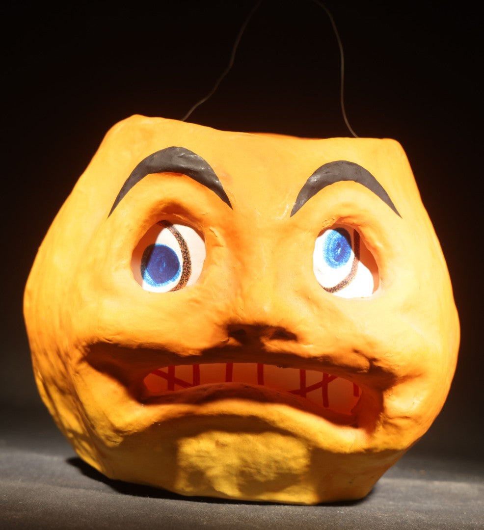 Pair of Modern Fantasy Reproduction Papier-Mache / Paper Pulp Halloween Jack-O-Lantern Pumpkin Lanterns with Wire Bail Handles