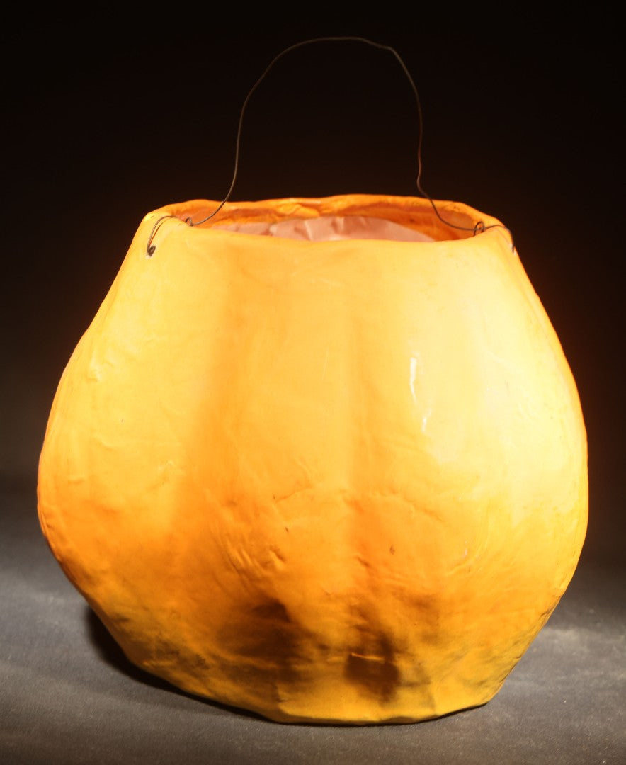 Pair of Modern Fantasy Reproduction Papier-Mache / Paper Pulp Halloween Jack-O-Lantern Pumpkin Lanterns with Wire Bail Handles