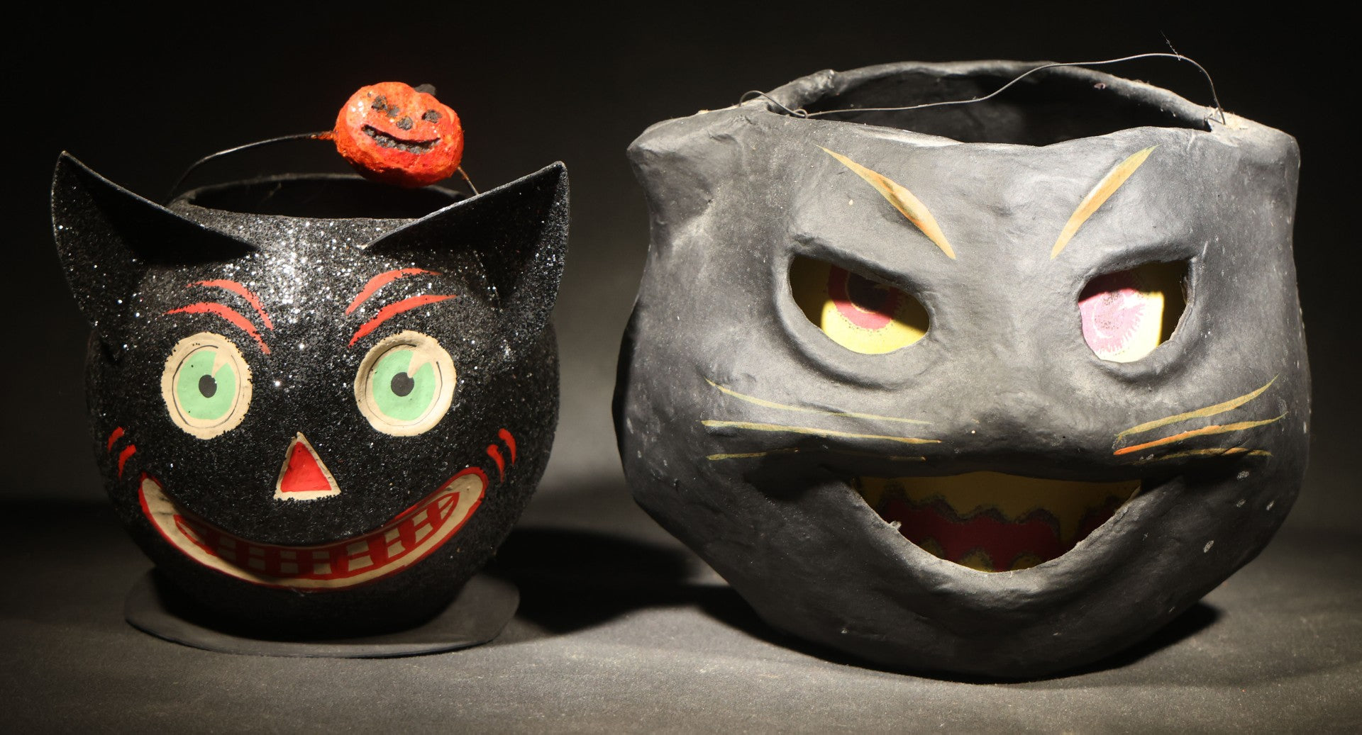 Pair of Modern Fantasy Reproduction Papier-Mache / Paper Pulp Halloween Black Cat Head Lanterns with Wire Bail Handles including Glittered Cat with Pumpkin Ornament