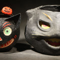 Lot 061 - Pair of Modern Fantasy Reproduction Papier-Mache / Paper Pulp Halloween Black Cat Head Lanterns with Wire Bail Handles Including Glittered Cat with Pumpkin Ornament