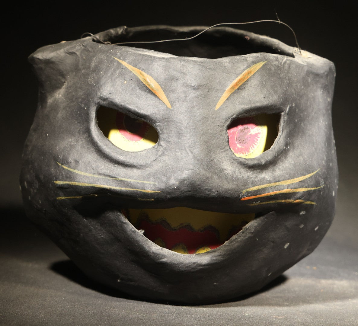 Pair of Modern Fantasy Reproduction Papier-Mache / Paper Pulp Halloween Black Cat Head Lanterns with Wire Bail Handles including Glittered Cat with Pumpkin Ornament