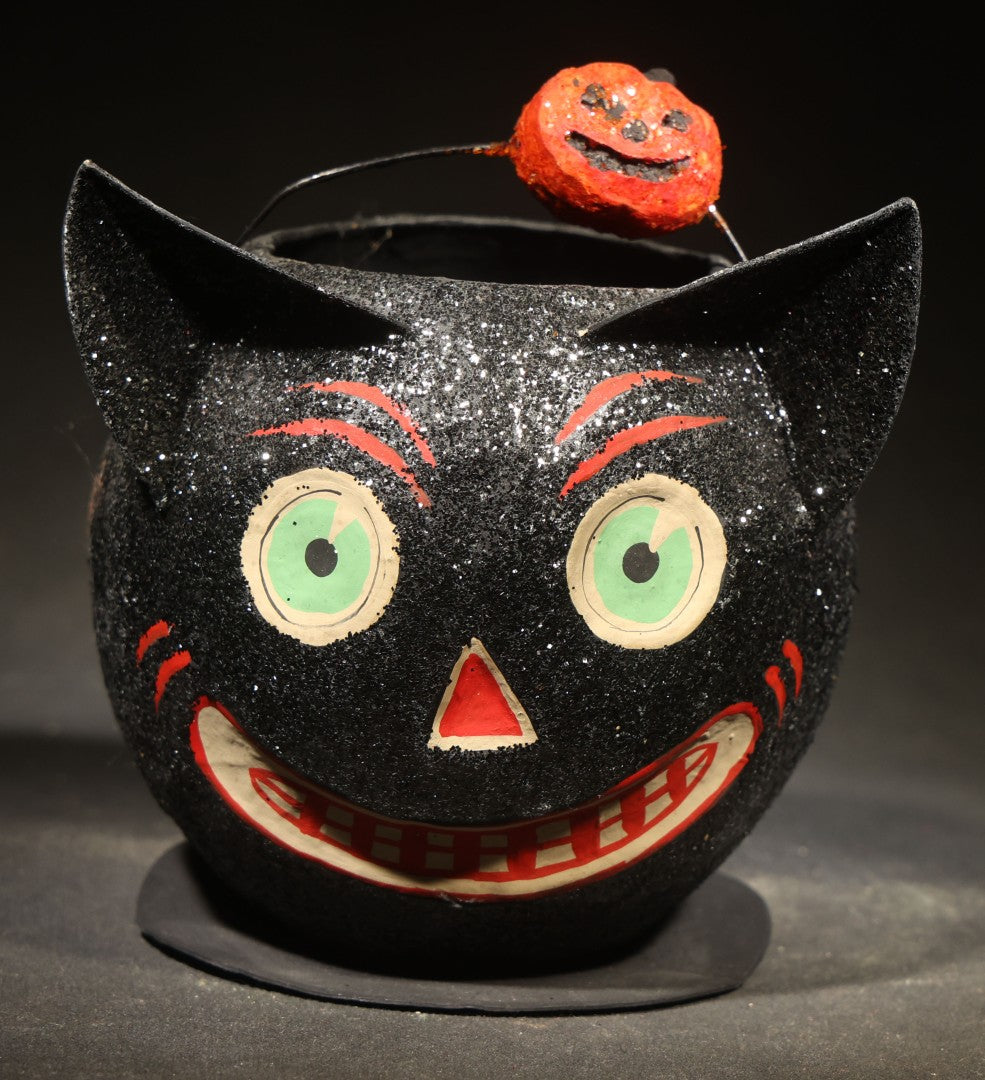 Pair of Modern Fantasy Reproduction Papier-Mache / Paper Pulp Halloween Black Cat Head Lanterns with Wire Bail Handles including Glittered Cat with Pumpkin Ornament
