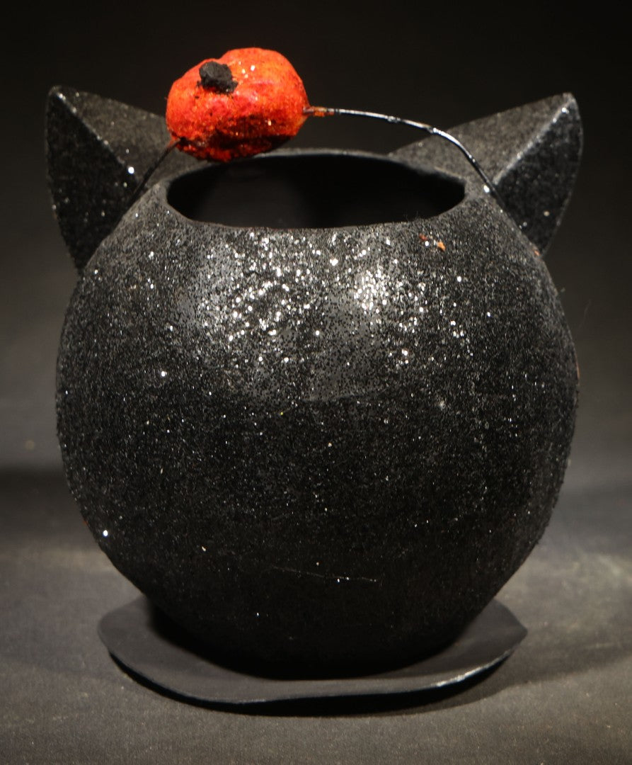 Pair of Modern Fantasy Reproduction Papier-Mache / Paper Pulp Halloween Black Cat Head Lanterns with Wire Bail Handles including Glittered Cat with Pumpkin Ornament