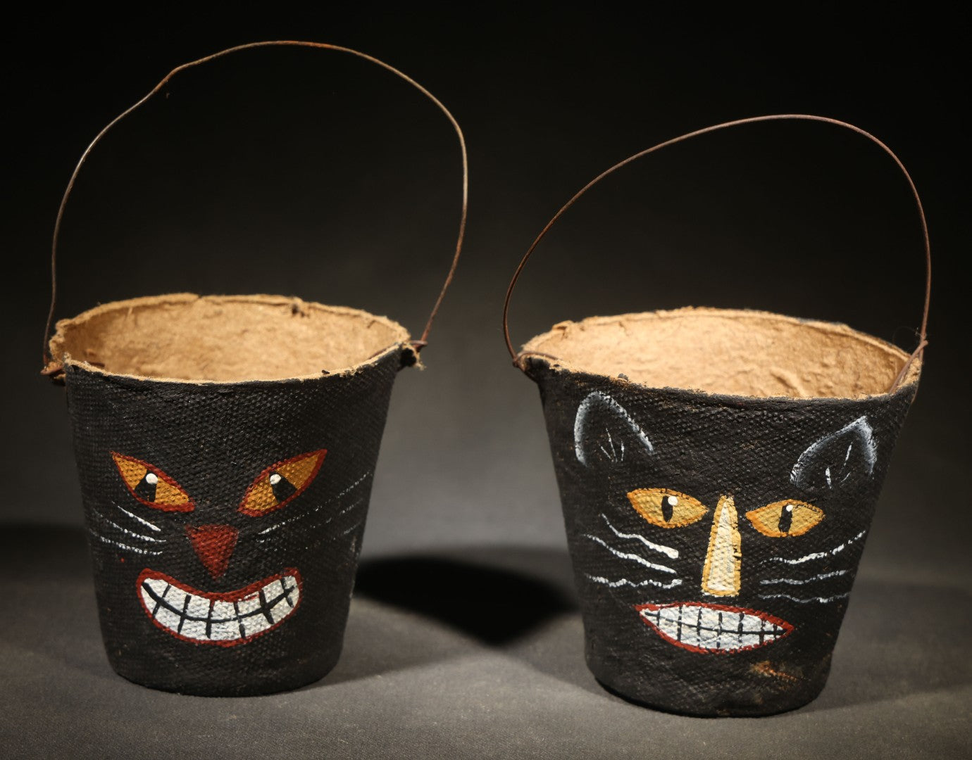 Pair of Modern Fantasy Reproduction Halloween Black Cat Hand-Painted Candy Pails with Wire Bail Handles