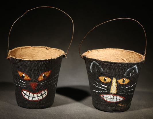 Pair of Modern Fantasy Reproduction Halloween Black Cat Hand-Painted Candy Pails with Wire Bail Handles