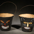 Lot 062 - Pair of Modern Fantasy Reproduction Halloween Black Cat Hand-Painted Candy Pails with Wire Bail Handles, 3-1/4" H each