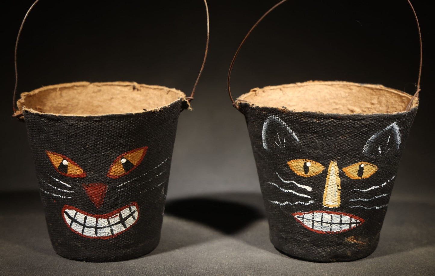Pair of Modern Fantasy Reproduction Halloween Black Cat Hand-Painted Candy Pails with Wire Bail Handles