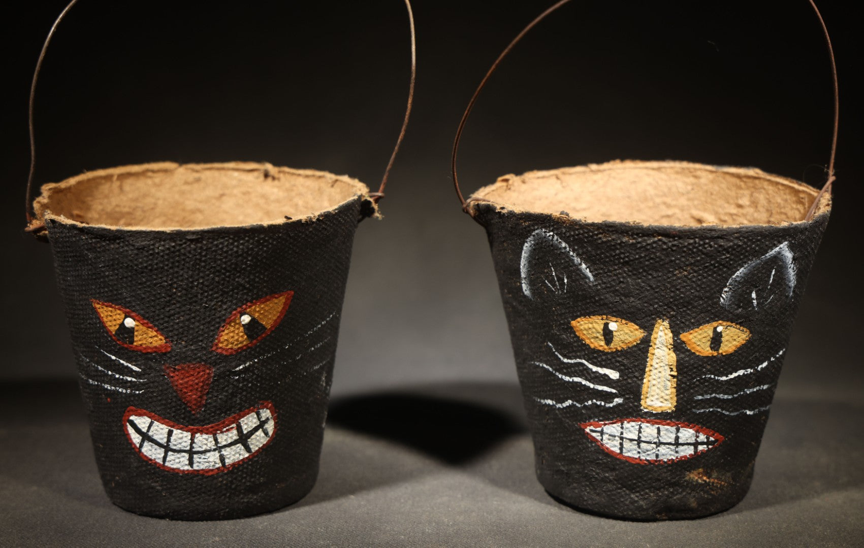 Pair of Modern Fantasy Reproduction Halloween Black Cat Hand-Painted Candy Pails with Wire Bail Handles