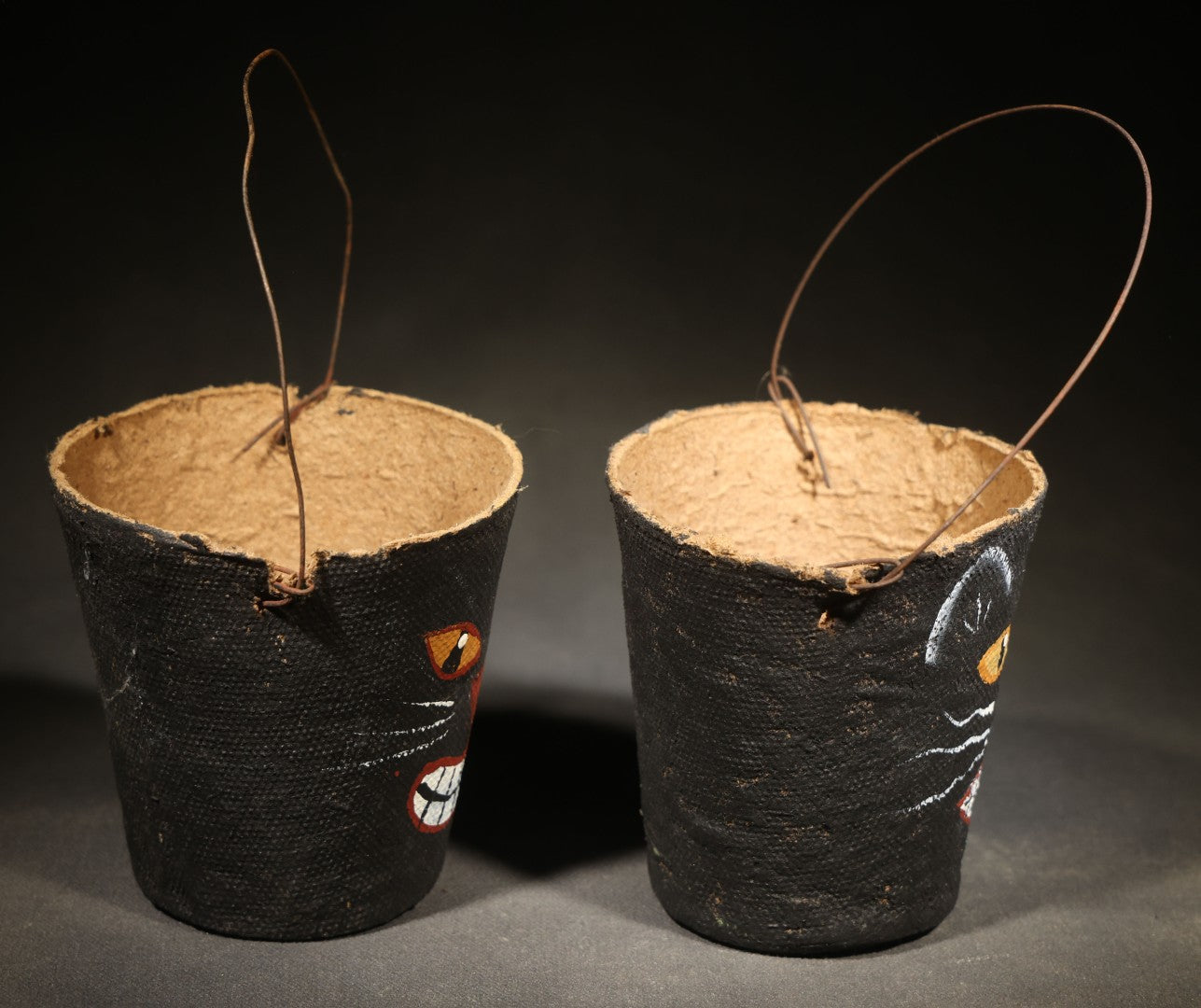 Pair of Modern Fantasy Reproduction Halloween Black Cat Hand-Painted Candy Pails with Wire Bail Handles