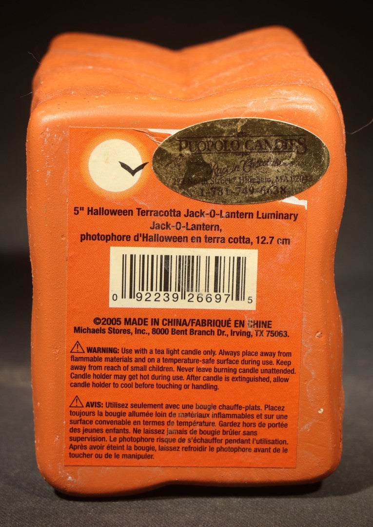 Modern Terracotta Halloween Jack-O-Lantern Luminary, Michaels Stores 2005, with Puopolo Candles Label