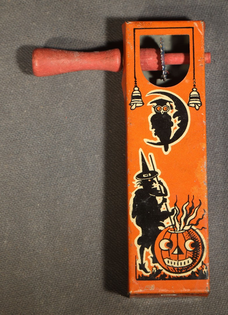 Pair of Vintage Tin Lithograph Ratchet Noisemakers including Halloween Witch, Owl, Crescent Moon, and Jack-O-Lantern and Jester / Harlequin, Manufactured by Kirchhof, Newark, New Jersey