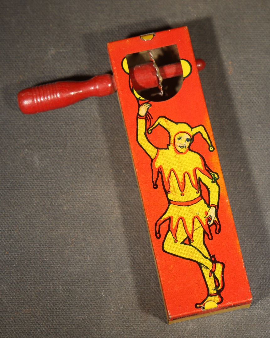 Pair of Vintage Tin Lithograph Ratchet Noisemakers including Halloween Witch, Owl, Crescent Moon, and Jack-O-Lantern and Jester / Harlequin, Manufactured by Kirchhof, Newark, New Jersey