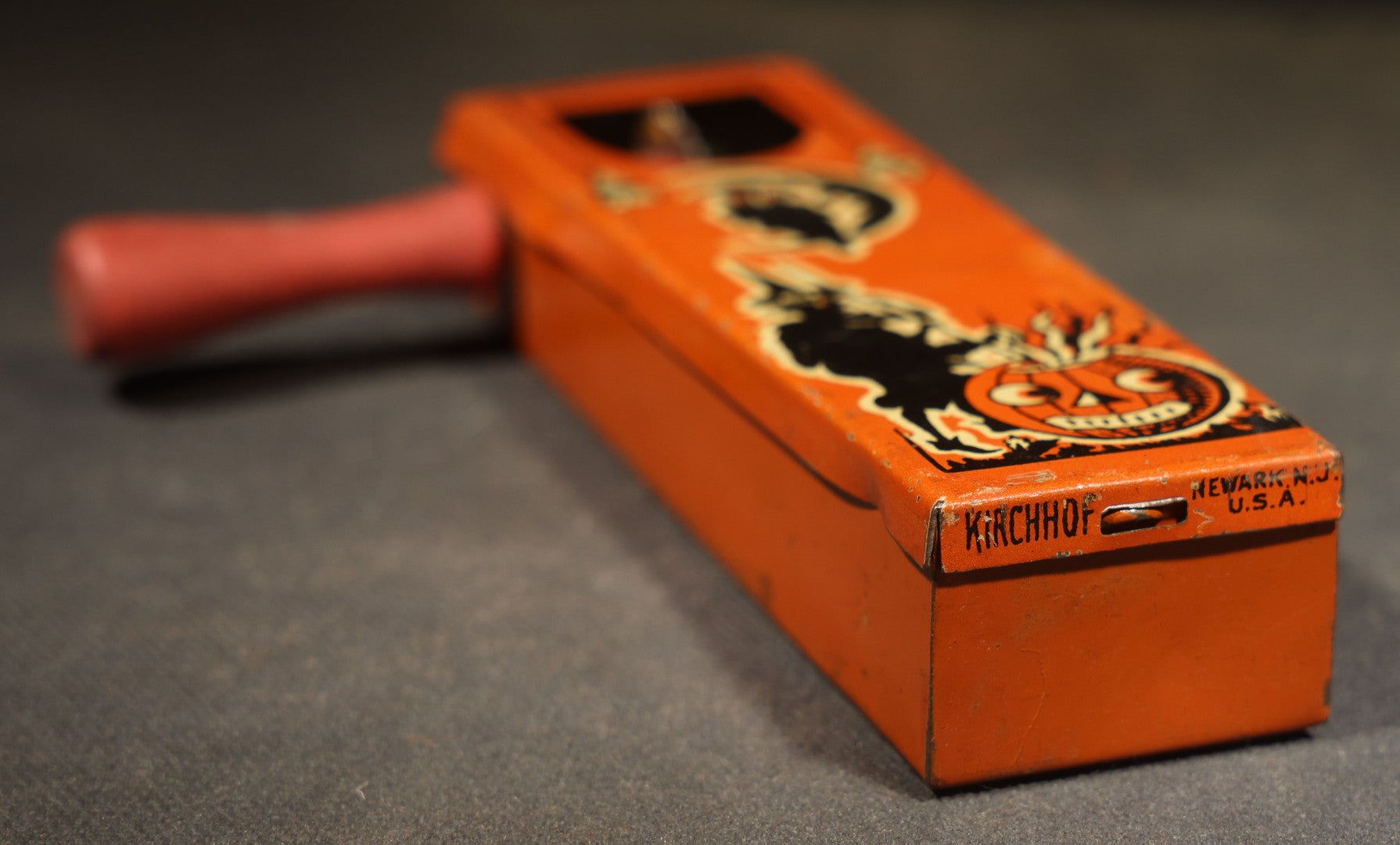Pair of Vintage Tin Lithograph Ratchet Noisemakers including Halloween Witch, Owl, Crescent Moon, and Jack-O-Lantern and Jester / Harlequin, Manufactured by Kirchhof, Newark, New Jersey