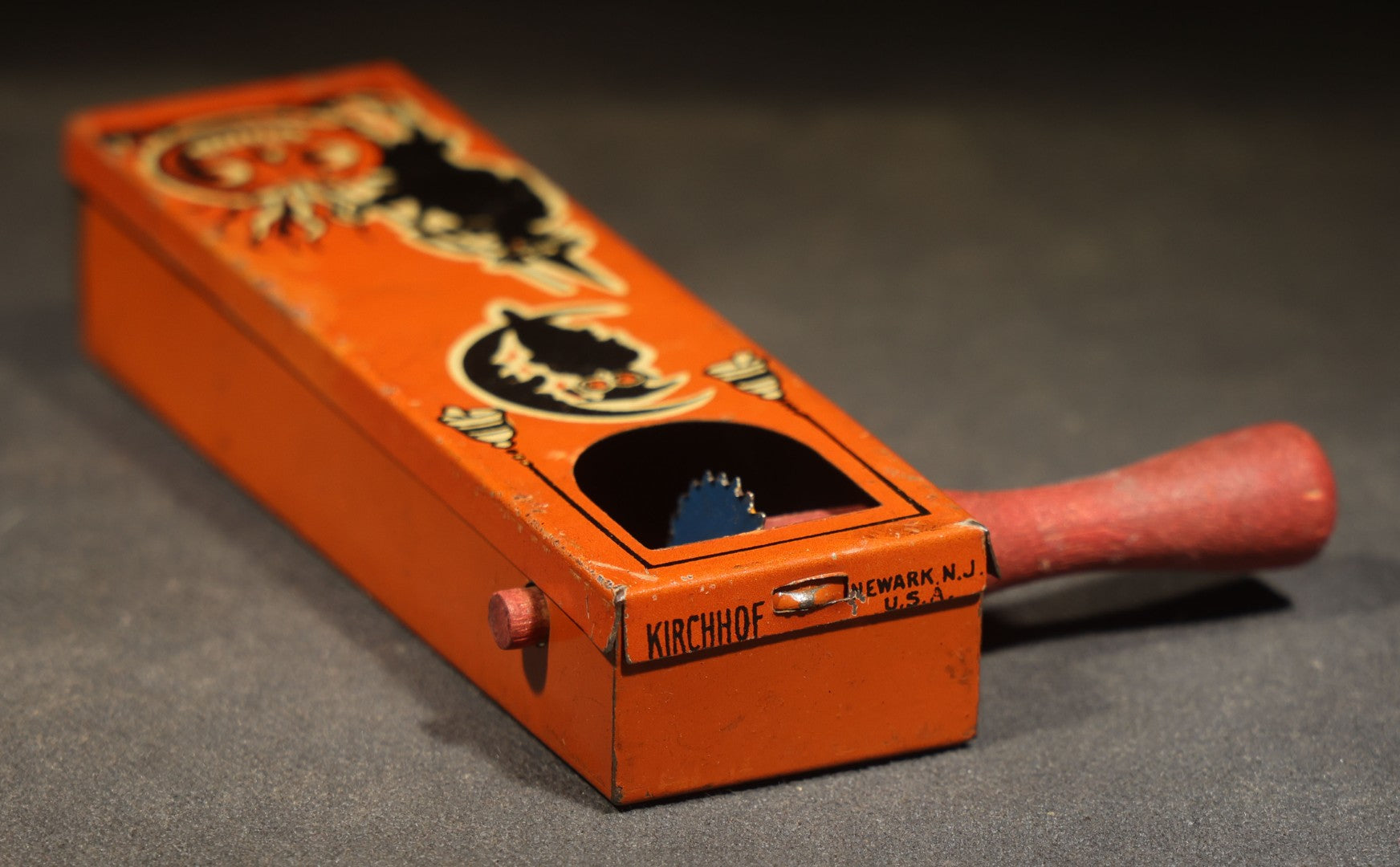 Pair of Vintage Tin Lithograph Ratchet Noisemakers including Halloween Witch, Owl, Crescent Moon, and Jack-O-Lantern and Jester / Harlequin, Manufactured by Kirchhof, Newark, New Jersey
