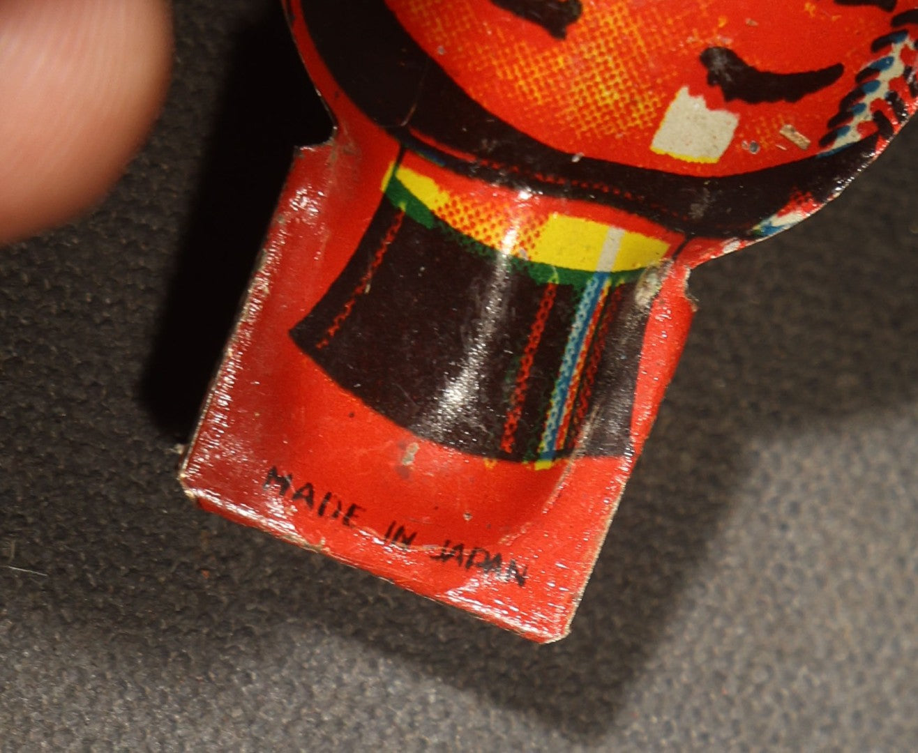 Trio of Vintage Party Favor Noisemakers including Two Halloween Paper Pipe Blowouts and Tin Lithograph Laughing Man in Top Hat Clicker, Japan