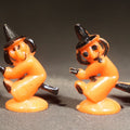 Lot 070 - Grouping of Four Vintage Plastic Halloween Cupcake Toppers Including Jack-O-Lantern Pumpkin Head Figure and Three Witches on Broomsticks, Hong Kong