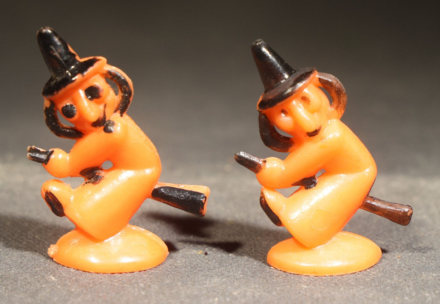 Grouping of Four Vintage Plastic Halloween Cupcake Toppers including Jack-O-Lantern Pumpkin Head Figure and Three Witches on Broomsticks, Hong Kong