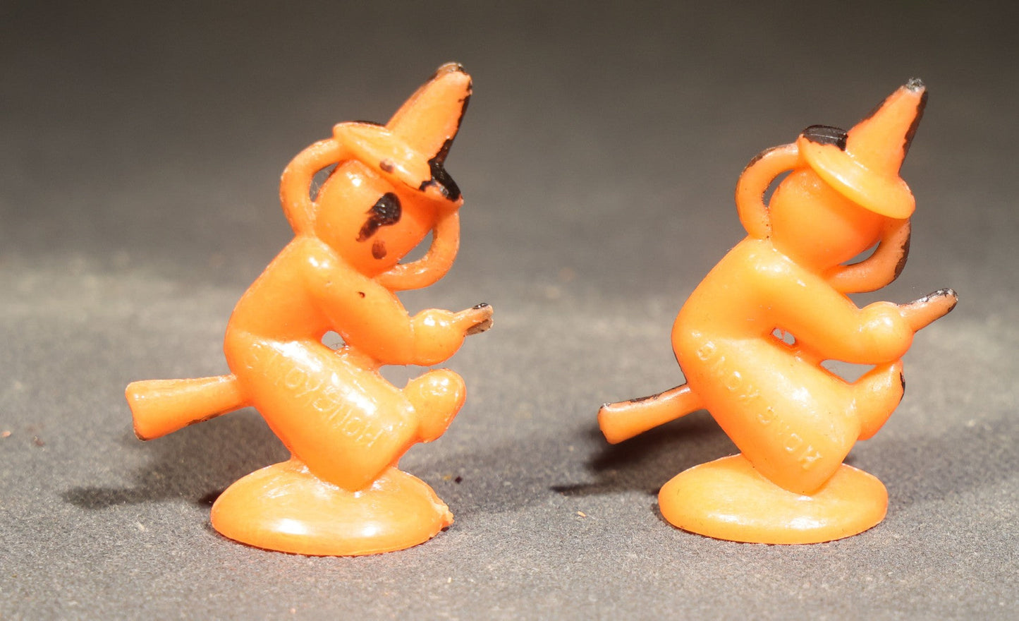 Grouping of Four Vintage Plastic Halloween Cupcake Toppers including Jack-O-Lantern Pumpkin Head Figure and Three Witches on Broomsticks, Hong Kong