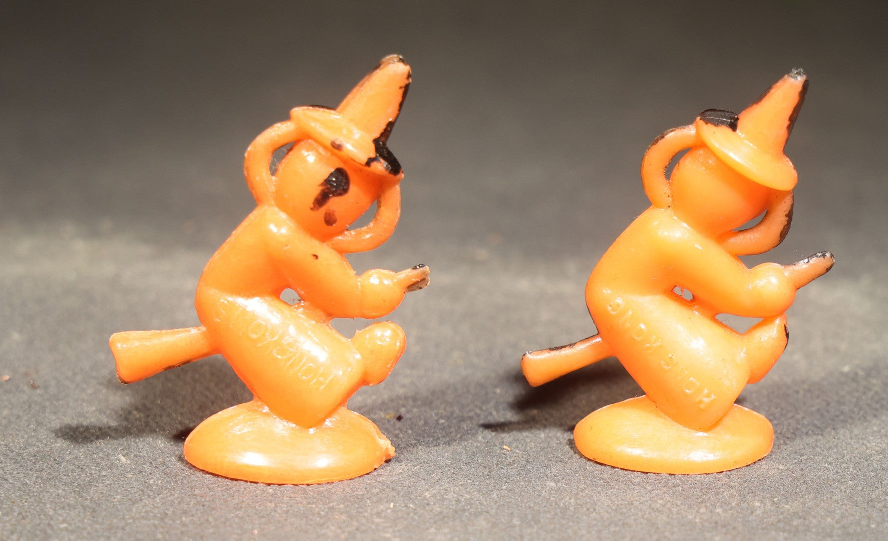 Grouping of Four Vintage Plastic Halloween Cupcake Toppers including Jack-O-Lantern Pumpkin Head Figure and Three Witches on Broomsticks, Hong Kong
