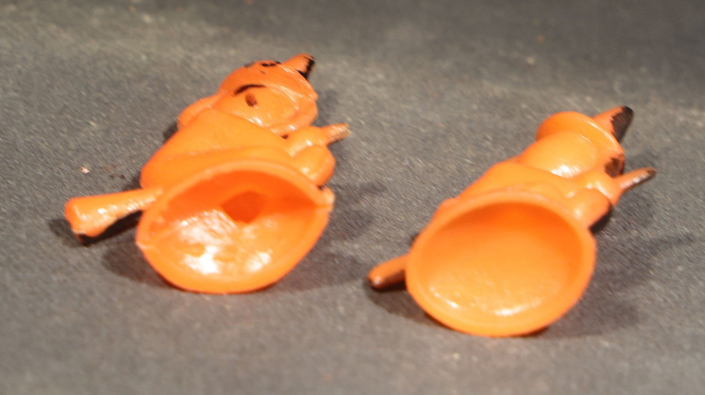 Grouping of Four Vintage Plastic Halloween Cupcake Toppers including Jack-O-Lantern Pumpkin Head Figure and Three Witches on Broomsticks, Hong Kong