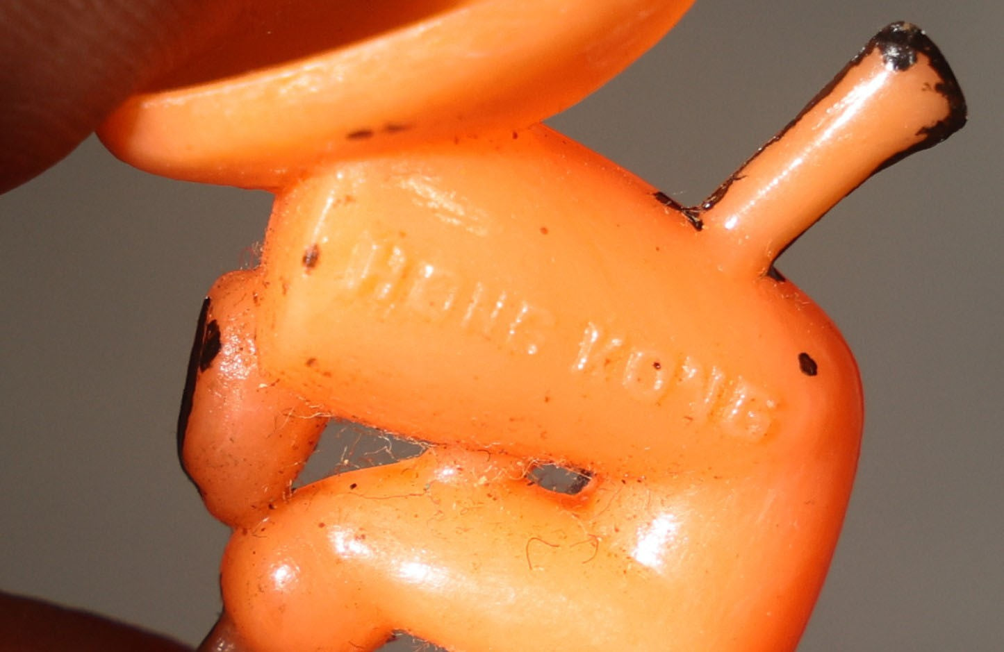 Grouping of Four Vintage Plastic Halloween Cupcake Toppers including Jack-O-Lantern Pumpkin Head Figure and Three Witches on Broomsticks, Hong Kong
