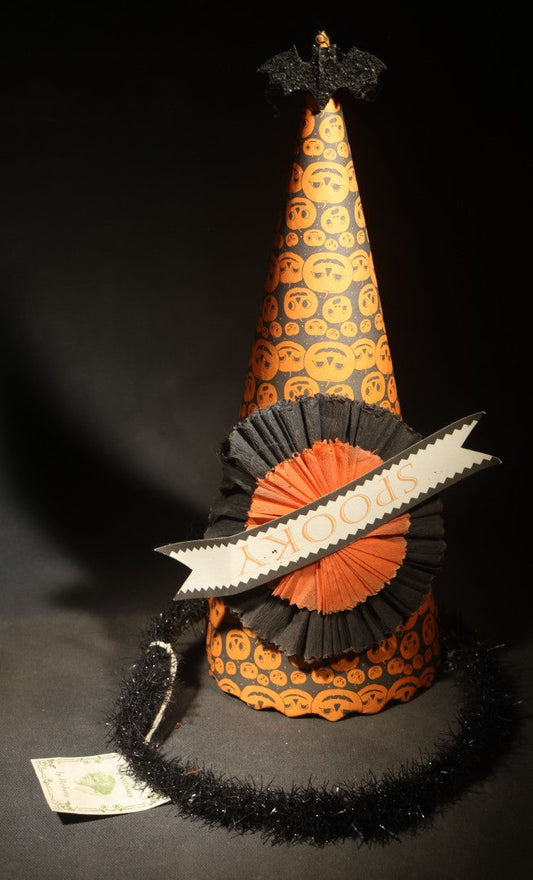 Modern "Vintage Collections by Bethany" Halloween Witch Hat Decoration with Jack-O-Lantern Pumpkin Pattern, Crepe Paper Rosette, "Spooky" Banner, and Glittered Bat Topper, Bethany Lowe Designs
