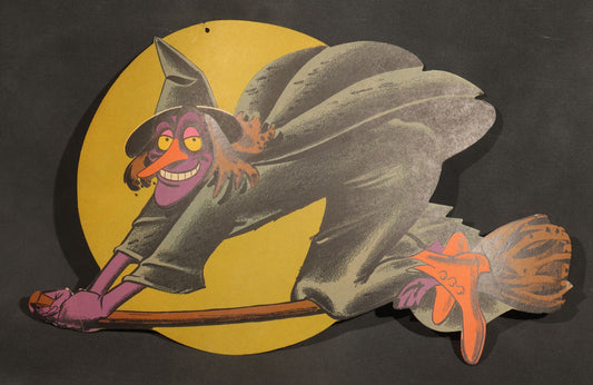 Vintage Die-Cut Halloween Witch on Broomstick with Full Moon Decoration