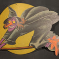 Lot 072 - Vintage Die-Cut Halloween Witch on Broomstick with Full Moon Decoration, 16-1/8" W x 11" H