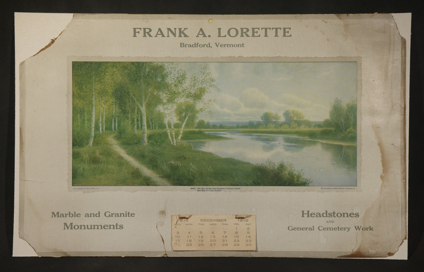 Antique 1916 Frank A. Lorette Marble and Granite Monuments Advertising Calendar, "Headstones and General Cemetery Work," with Landscape after Geo. Howell Gay, Bradford, Vermont