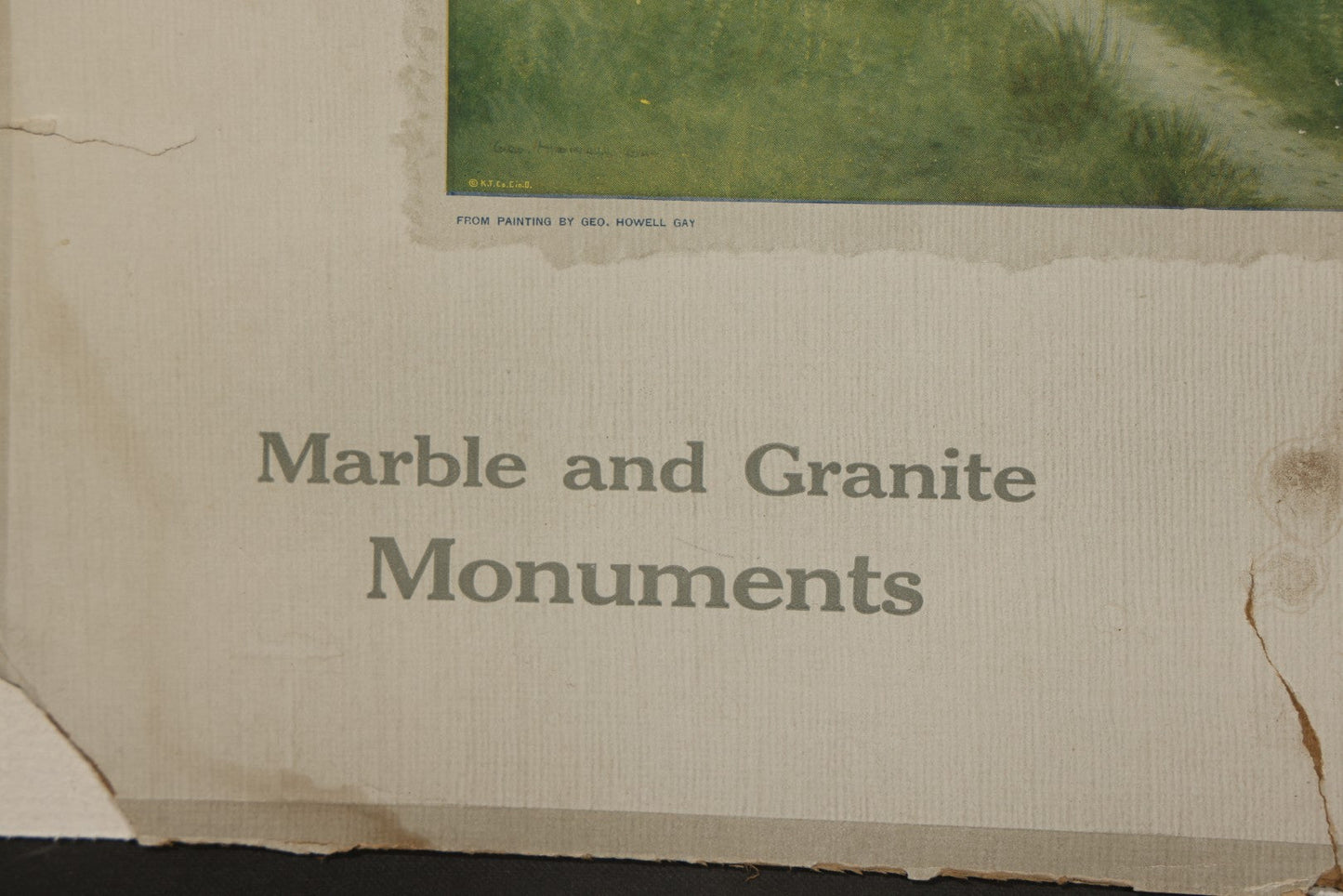 Antique 1916 Frank A. Lorette Marble and Granite Monuments Advertising Calendar, "Headstones and General Cemetery Work," with Landscape after Geo. Howell Gay, Bradford, Vermont