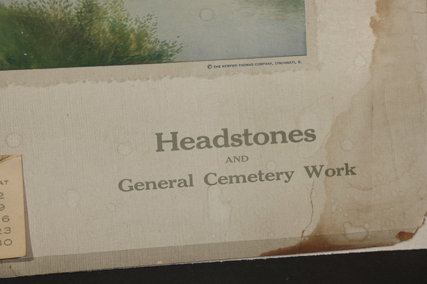 Antique 1916 Frank A. Lorette Marble and Granite Monuments Advertising Calendar, "Headstones and General Cemetery Work," with Landscape after Geo. Howell Gay, Bradford, Vermont