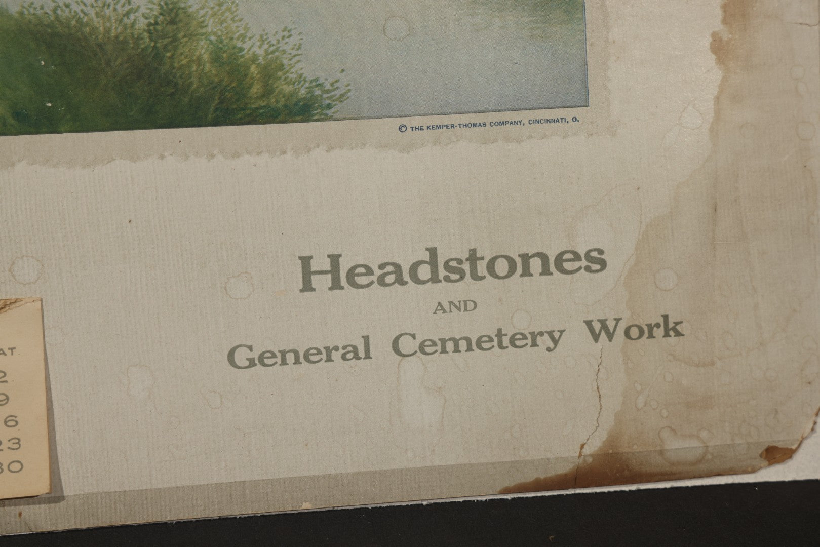 Antique 1916 Frank A. Lorette Marble and Granite Monuments Advertising Calendar, "Headstones and General Cemetery Work," with Landscape after Geo. Howell Gay, Bradford, Vermont