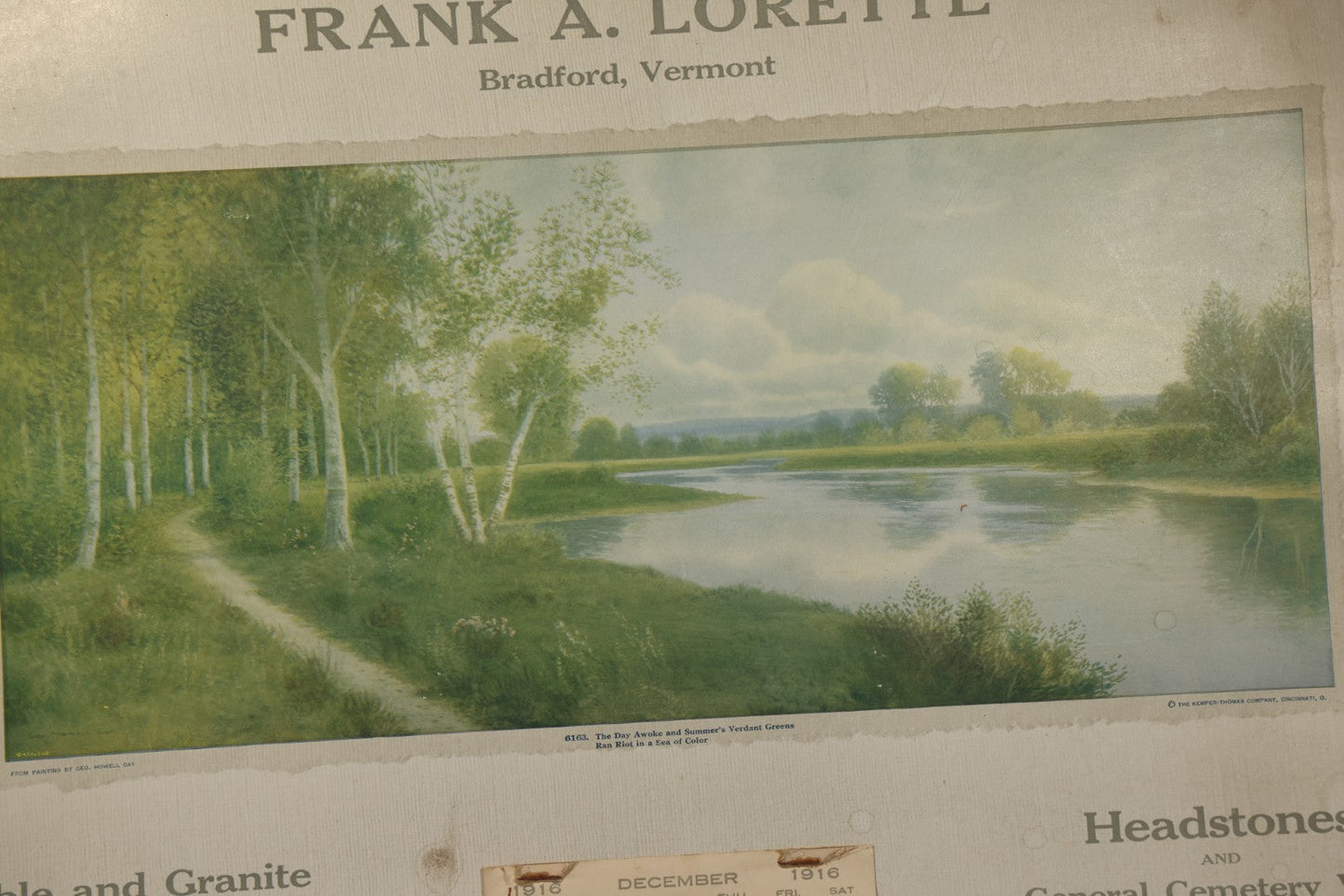 Antique 1916 Frank A. Lorette Marble and Granite Monuments Advertising Calendar, "Headstones and General Cemetery Work," with Landscape after Geo. Howell Gay, Bradford, Vermont