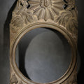 Lot 004 - Antique Pressed Brass French Clock Front Surround with Sunburst Face, Wheat Sheaves, Beehives, and Floral Relief, Marked "Depose", 11-1/8" W x 18-1/8" H