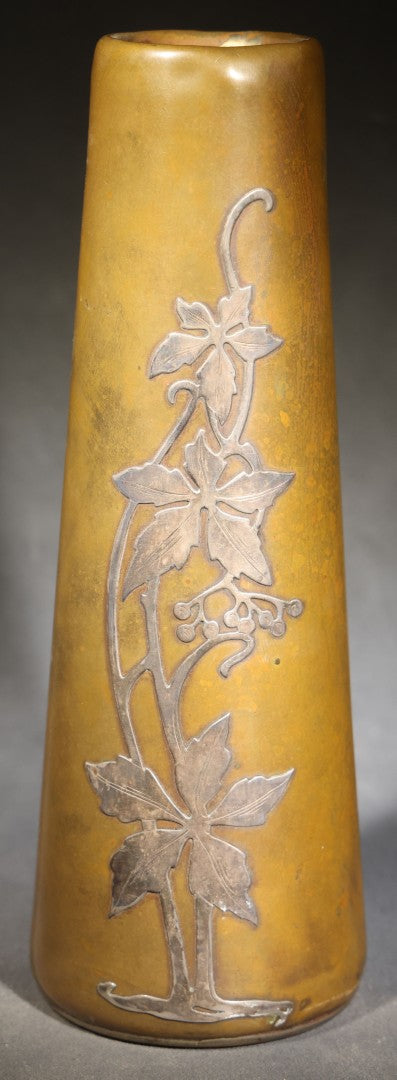 Antique Heintz Art Metal Sterling Silver on Bronze Vase with Ivy Vine Design