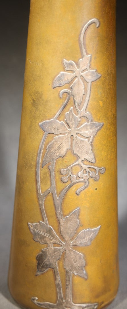 Antique Heintz Art Metal Sterling Silver on Bronze Vase with Ivy Vine Design